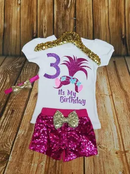 

personalize name age Troll sister poppy birthday bodysuit onepiece sparkle gold shorts Outfit Set baby shower party favors