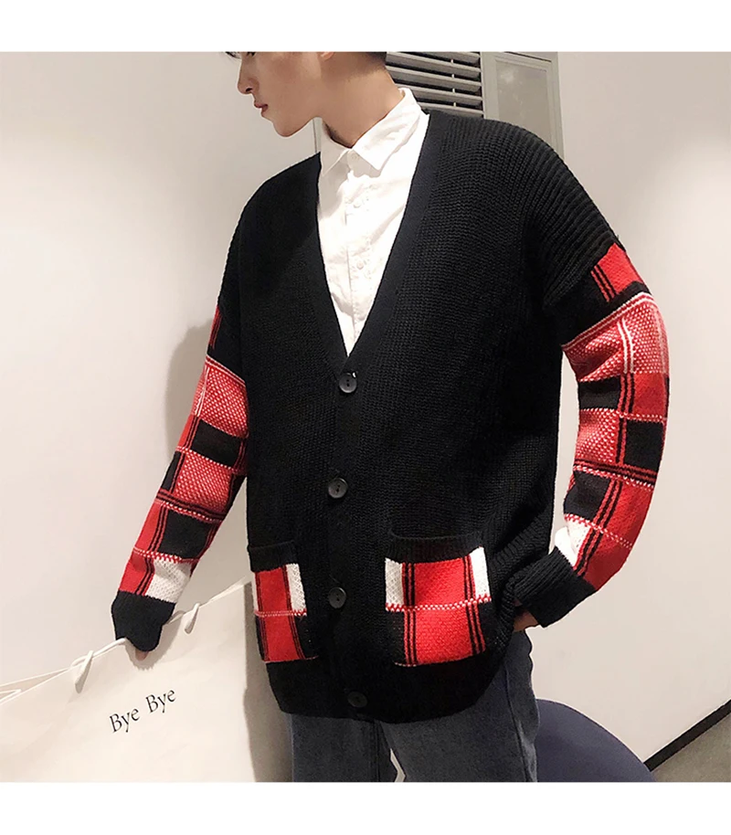 Korean Oversized Sweater Cardigan Men Plaid  (15)