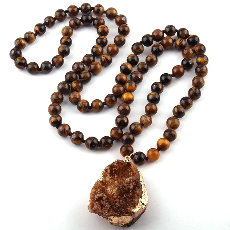 Модные длинные завязанные коричневые подвески ожерелья из натурального камня