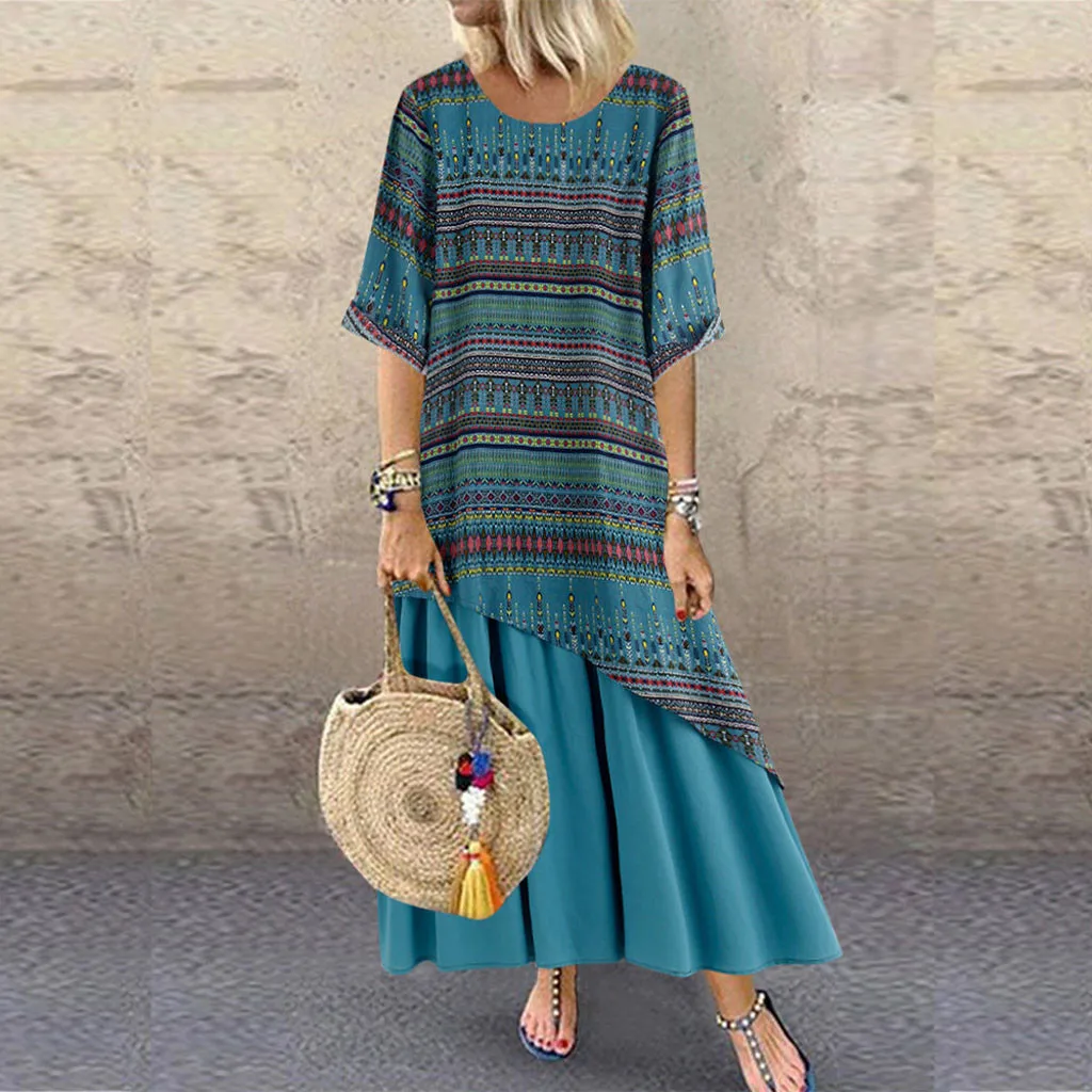 

Loose Long Dress Plus Size Women Summer Vintage Print Boho Patchwork Short Sleeve Maxi Dress Casual Folk Style Long Vestidos