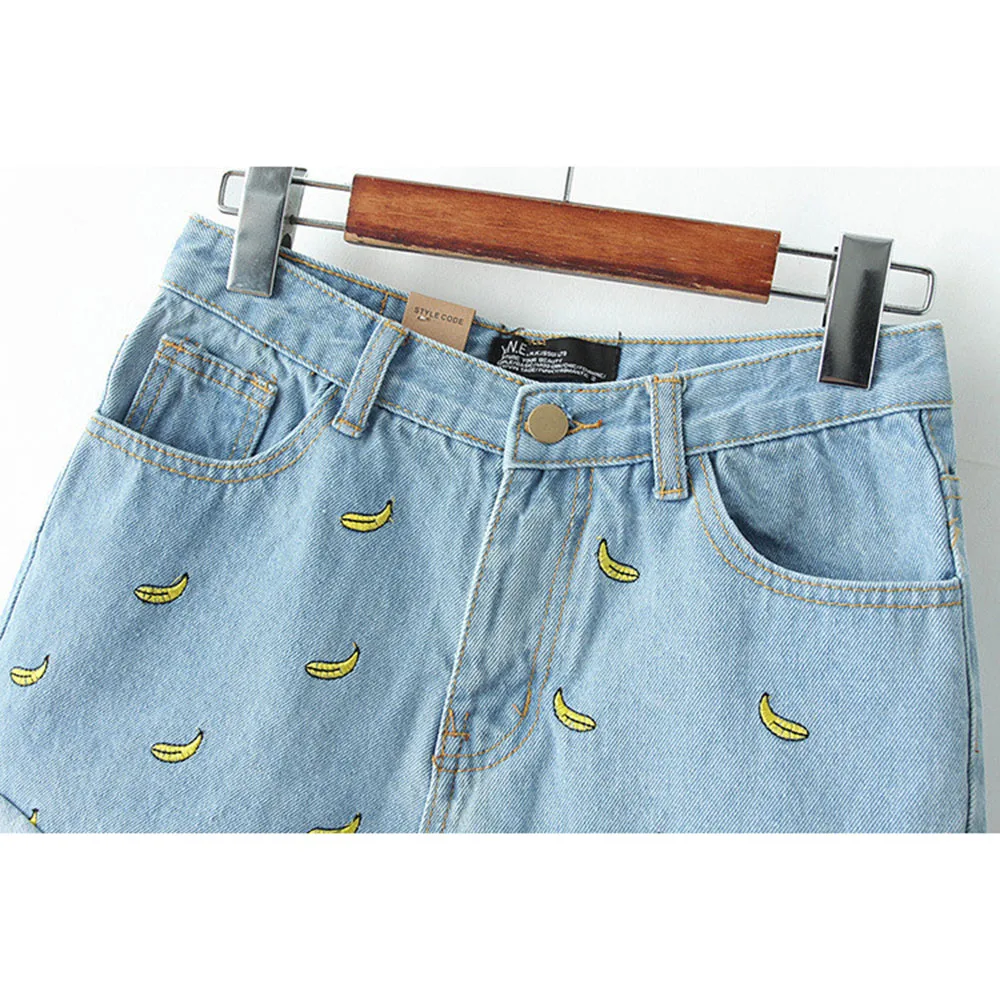Prevalent Denim Shorts Women Summer Banana Flower Embroidery Cotton