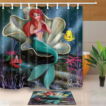 

Cartoon Shower Curtains Mermaid on Seashell in the Sea Bathroom Curtains Polyester Fabric Waterproof and Mildew Proof with Hooks
