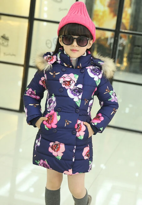 Weoneit/Коллекция года, модное зимнее пальто средней длины для девочек, детская одежда, хлопковая стеганая куртка с принтом и меховым капюшоном для крупных девочек