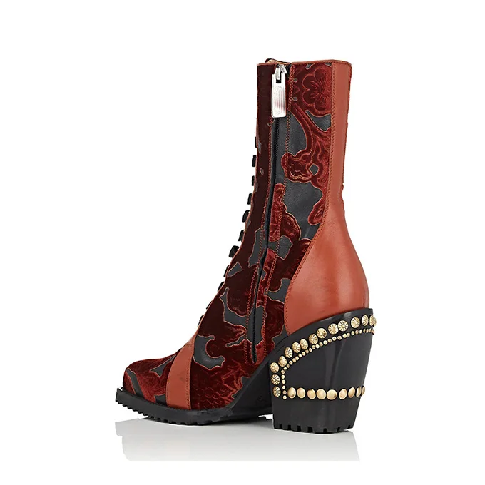 mollet À Carré Broder As Pic Conception Chaud Western Cuir Casual Femme Bottes Mi Lacets Talons Automne Haute D'hiver Chaussures En UHnOxvYv