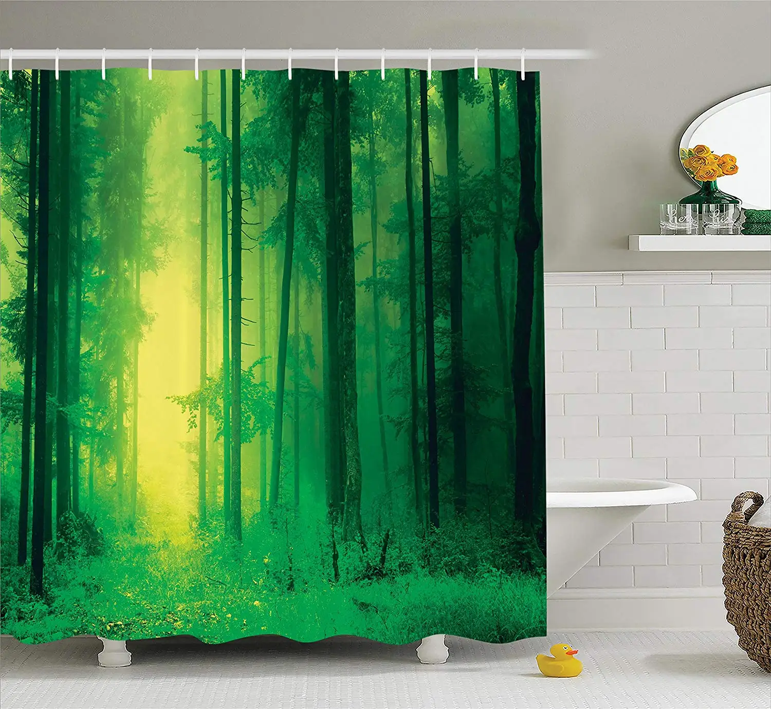 Shower Curtain Fantasy Springtime Forest Tall Trees With Magical Light