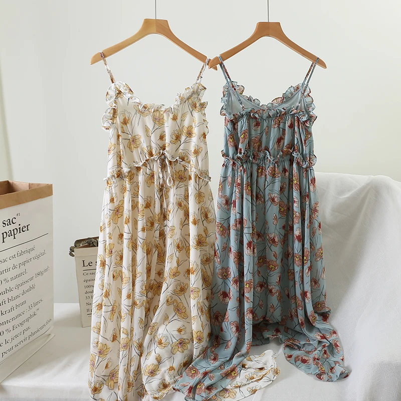 

MUMUZI Chiffon Floral print dresses Vacation beach wear spaghetti Dress Female sexy v neck ruffles flower dress vestidos