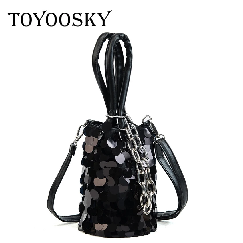 

TOYOOSKY 2018 New Small Chain Bag Women Shoulder Bag Fashion Design Sequins Bucket Bag BlingBling Evening Clutch Purse