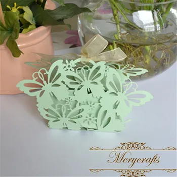 

50pcs Romantic birthday party laser cut butterfly mint green wedding candy box with organza ribbon