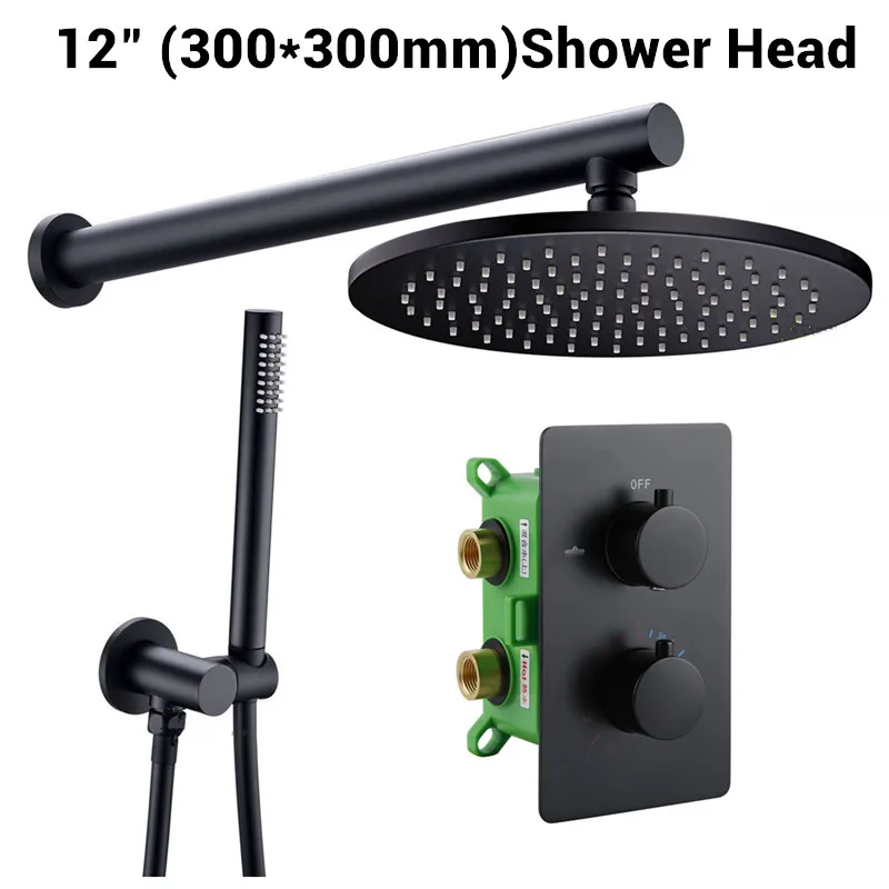 12 inch Rainshower Smesiteli цельный латунный клапан скрытый термостат отделка с двухсторонним регулятором громкости комплект Alba матовый черный термостатический дождевой Душ - Цвет: 12 inch Rainshower