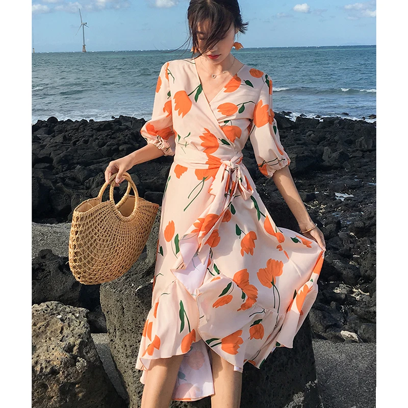 Summer Women Floral Print Sundress Elegant Lady Tea Break Satin Dress Vacation Casual Vintage Midi Tropical Cute Beach Dress New Summer Women Floral Print Sundress Elegant Lady Tea Break Satin Dress Vacation Casual Vintage Midi Tropical Cute Beach Dress New