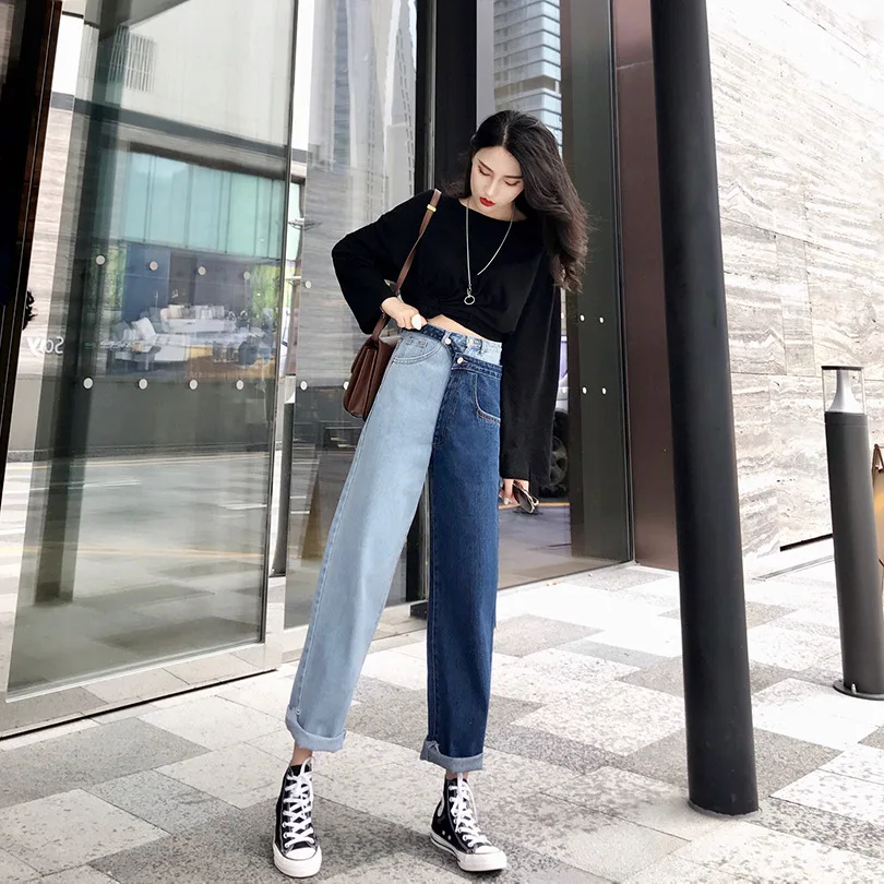 spring New style mock two-piece contrasting color stitching jeans women's Hong Kong-style slimming straight-cut ankle-lengt