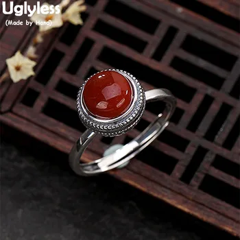 

Uglyless 100% Real 925 Sterling Silver Natural Red Agate Ball Finger Rings for Women Simple Gemstones Fine Jewelry Open Ring
