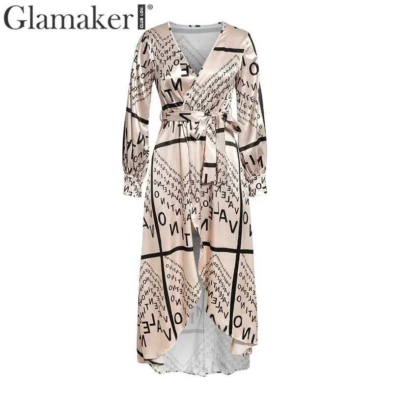 Glamaker, винтажное сатиновое длинное платье с буквенным принтом, с v-образным вырезом, вечернее платье, халат с длинным рукавом, сексуальное платье,, зимнее, vestidos de fiesta - Цвет: Шампанское