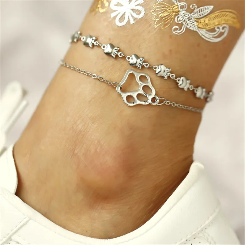 

Fashion Charm Silver Anklets Summer Beach Anklet Vintage Hollow Animal Footprints Two-layer Anklet Jewelry Gift Accessories