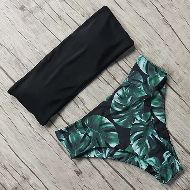 Billig MOSHENGQI Sexy Floral Bikini Set 2019 Badeanzug Mujer Hohe Taille Badeanzug Schwarz Bademode Frauen Push Up Blatt Brasilianische biquini