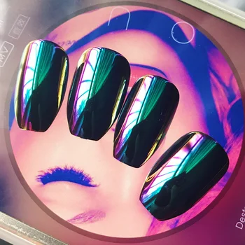 

24pcs 12 Different Size Discoloration Coffin Green Magic Mirror Reflection Medium Length Full Cover False Nails with Design