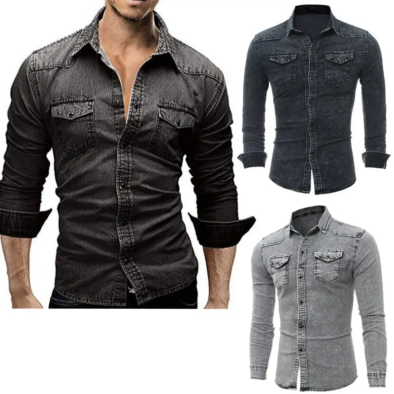 Fashion Men's Casual Long Sleeve Bodycon Wash Vintage Slim Fit Denim Jeans Blouse Shirts Tops Man Streetwear Outfits Clothes Fashion Men's Casual Long Sleeve Bodycon Wash Vintage Slim Fit Denim Jeans Blouse Shirts Tops Man Streetwear Outfits Clothes