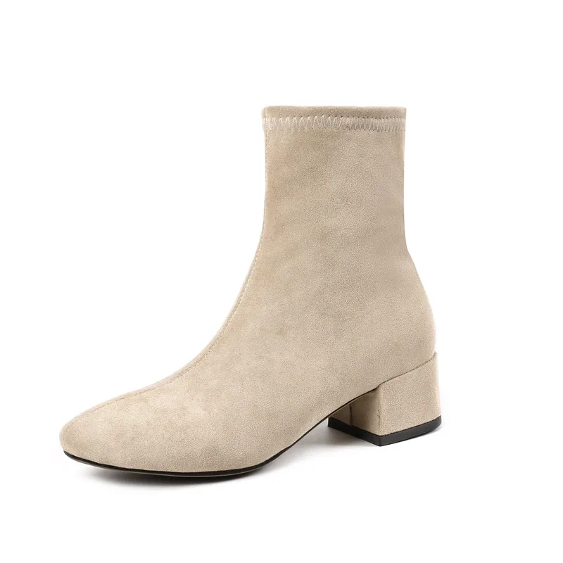 Новая женская обувь ботильоны на высоком каблуке без застежки зимние растягивающиеся сапоги-носки элегантная обувь на высоком квадратном каблуке Женская обувь, большие размеры 32-44 - Цвет: beige