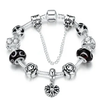 European Flower Beads Jewelry Silver Plated Heart Mixture Crystal Beads Snake Chain Charm Bracelets for women Original Jewelry