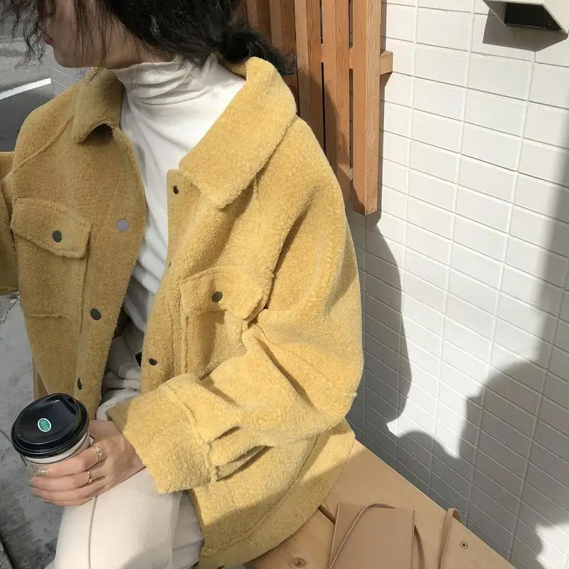 Lamb terry ring coat female winter Slim short bomber jacket women fur one plush motorcycle jacket new veste femme printemps 2019