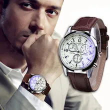 Scolour Fashion men watches 2017 luxury brand hot Faux Leather Mens Blue Ray Glass Quartz Analog Watches relogio masculino#77