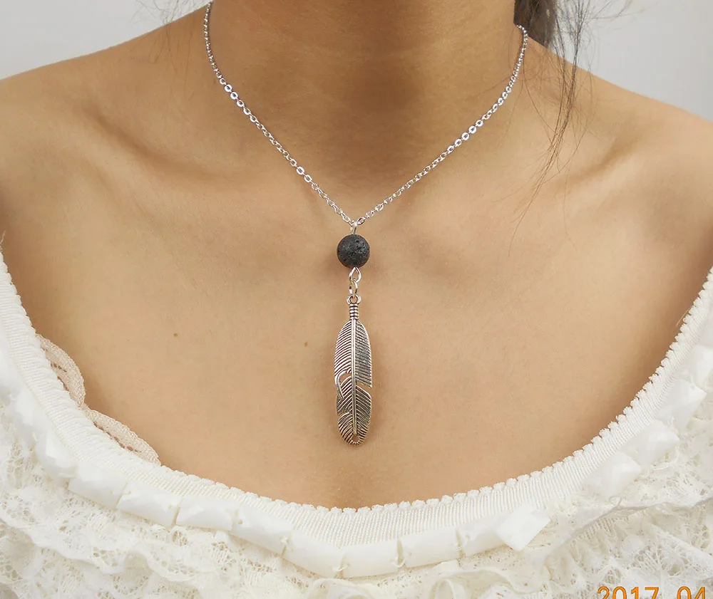 

Lava Stone Essential Oil Diffuser Necklace Minimalist Pendant Feather Lava Stone Necklace