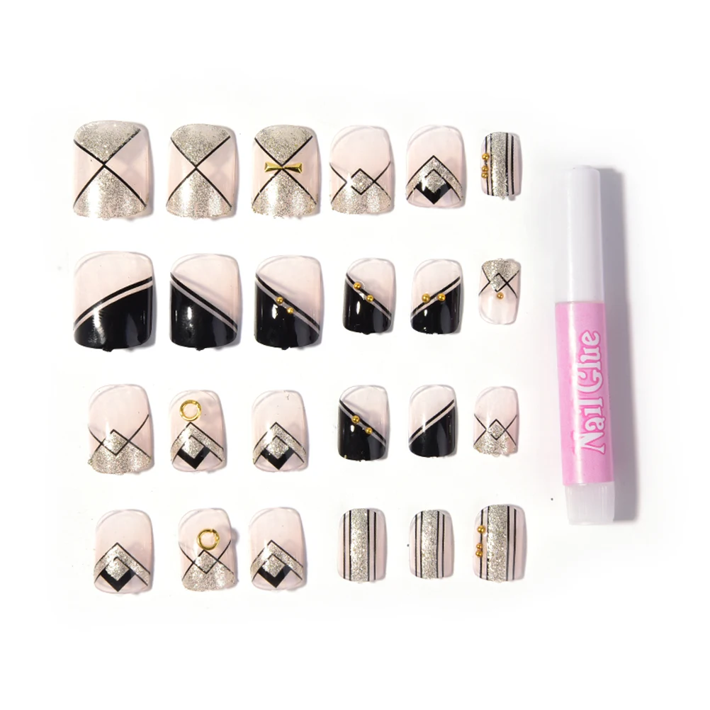 

24Pcs/set Acrylic Designer French Fake Fingernails Nail Tips (with 2g Nail Glue) Full False Nails Art Fingernail Decoration