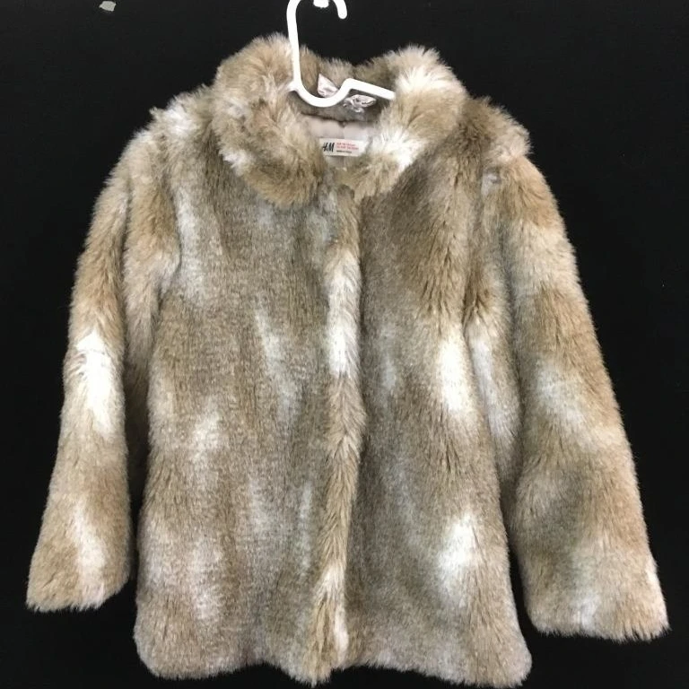 H & M girls kids jacket coat faux fur brown Size 5-6 youth winter