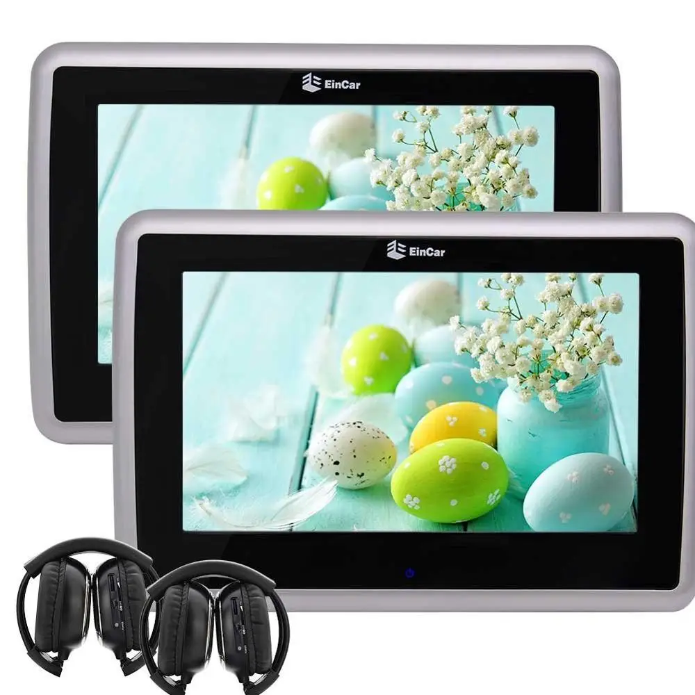 

Two Black DVD Player 9 Inch HD Touch Screen Car pillow CD Headrest Monitor Backseat Monitor USB/SD 1080p Video Pair of headphone