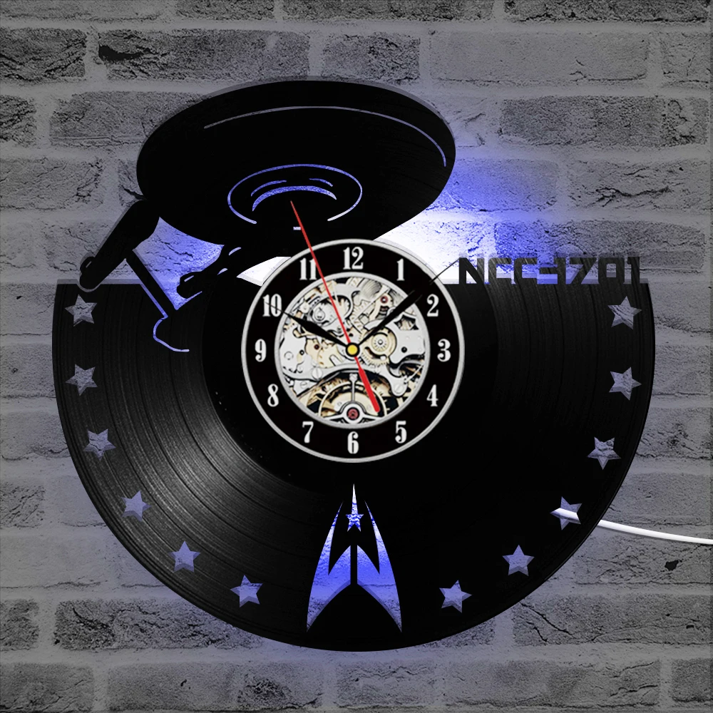 

Star Trek USS Enterprise NCC-1701 Antique Vinyl LP Record Clock Creative Black Hollow Handmade LED Hanging Wall Clock