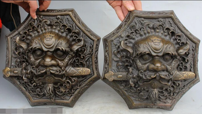 

002846 10" Folk Chinese Fengshui Bronze Foo Fu Dog Guardion Lion Knocker Statue Pair