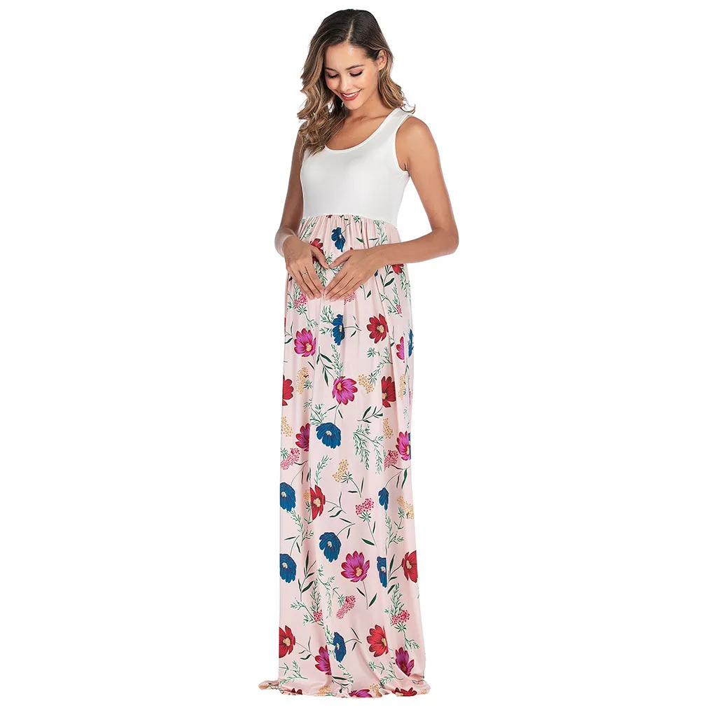 MUQGEW женское летнее длинное платье для беременных Boho с принтом пэчворк с круглым вырезом без рукавов макси для беременных и матерей после родов платья