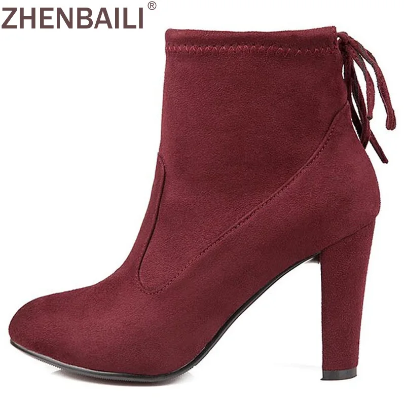 

Elegant Round Toe Martin Boots 2017 Spring Autumn Fashion Square High Heel Women Short Boots Stretch Nubuck PU Ankle Boots