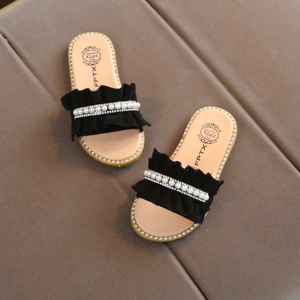 Toddler Kids Baby Girls Pearls Crystal Ruffles Princess Shoes Slippers Sandals