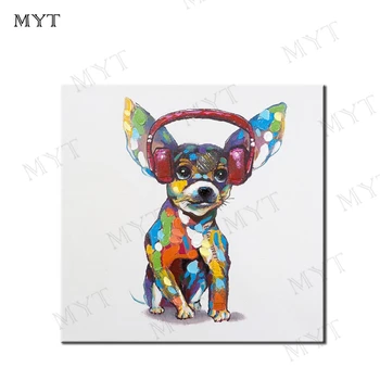 

MYT 100% Handpainted Dog Wearing Headphones Oil Painting Wall Art Pictures Modern Canvas Art Living Room Wall Decor Pictures