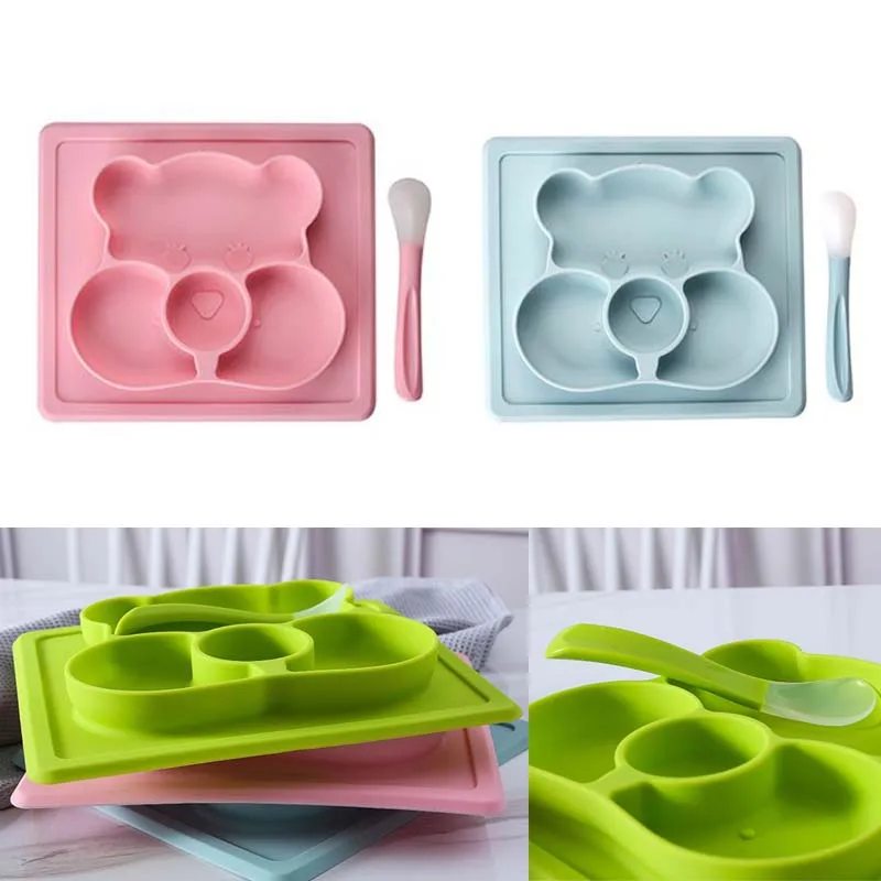 

Baby Silicone Plate Creative Cartoon Feeding Dishes Mat Placemat for Infant with Spoon Strong Suction BPA Free Tray
