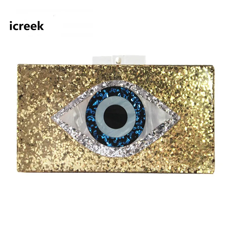 

New Style brand fashion Golden eye sequin patchwork clutch purse luxury party acrylic evening bag bling bling women handbags box