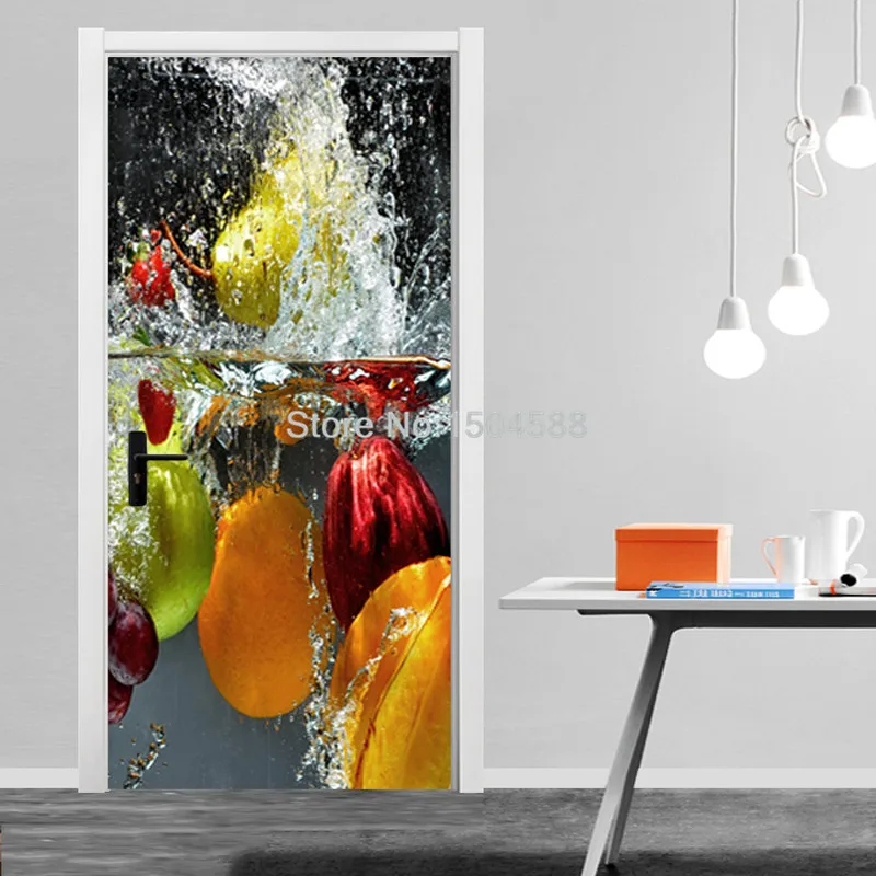 PVC Self-Adhesive Door Sticker 3D Stereo Fruit Wallpaper Kitchen Restaurant Waterproof Wall Door Sticker 3D Murals Home Poster