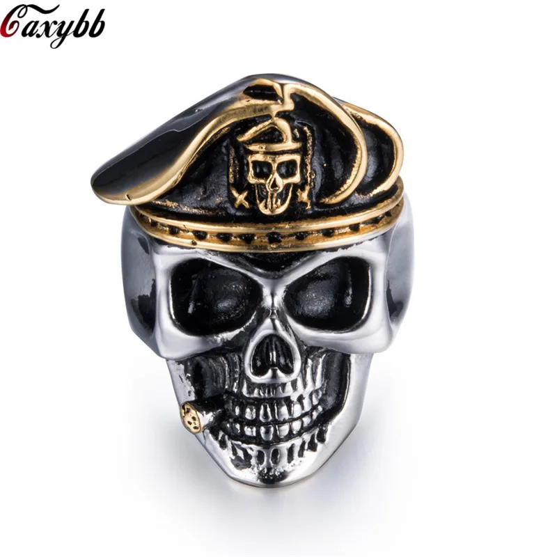 

Punk 316L Stainless Steel Ring for Men Smoking Skull Head Soldier Hat Ring Geometric Hyperbole Ring Men Finger Jewelry Size 7-13