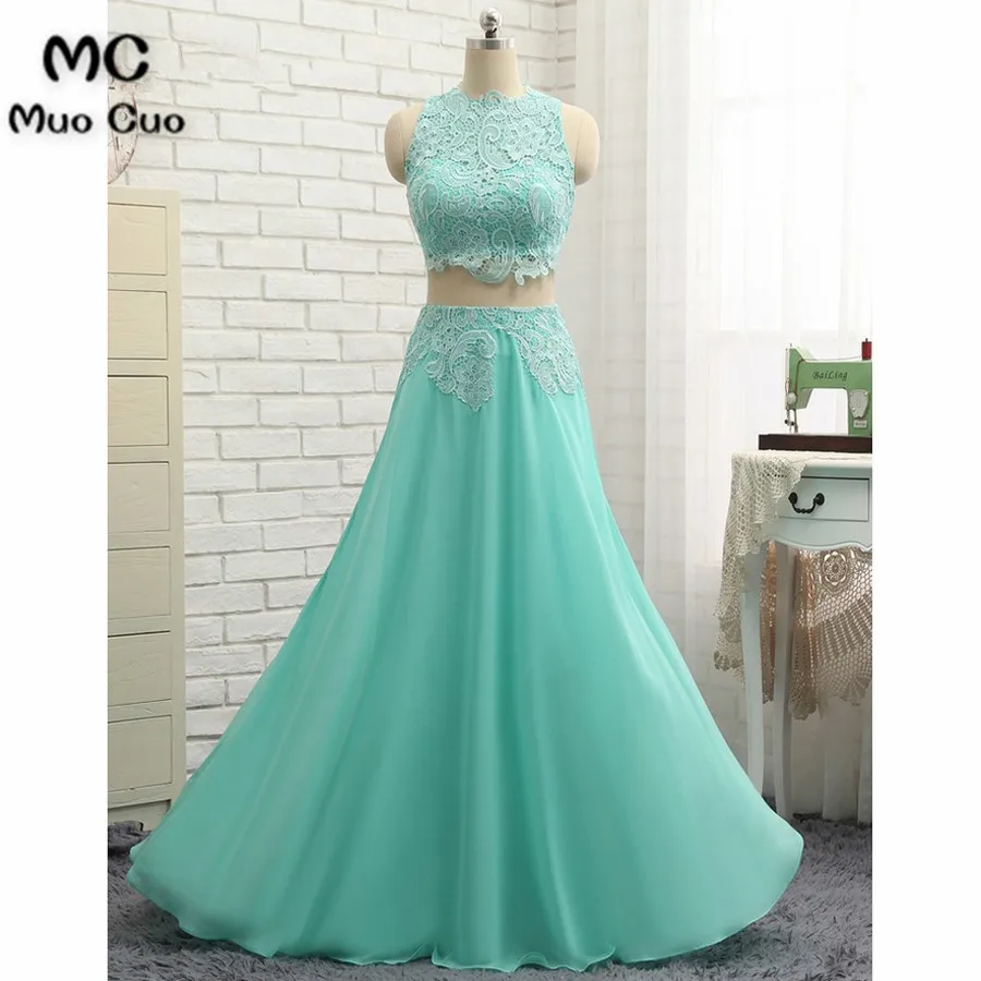 

Elegant 2018 Aqua Prom Dresses Long Two Pieces Gown Sweep Train Chiffon Lace Appliques Formal Evening Party Dress