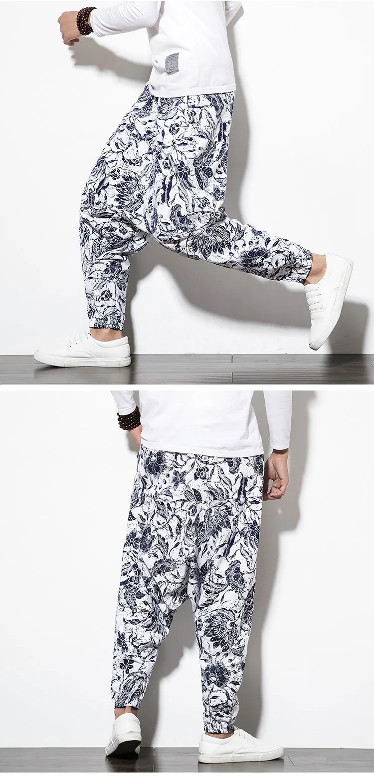 Мужские брюки-шаровары из хлопка и льна в стиле хип-хоп с эластичной резинкой на талии, Свободные мешковатые шаровары с принтом, широкие брюки в китайском стиле, размер M-5XL