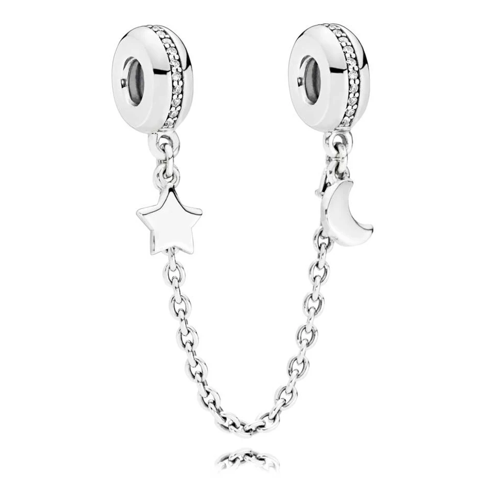 

NEW 2018 100% 925 Sterling Silver Personal Galaxy Safety Chain Clear CZ Bead Fits Original Bracelet DIY Jewelry For Mother Gift