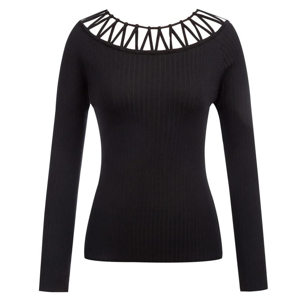 

vintage knitting shirt Women Slim Fit Long Sleeve Boat Neck Hollowed-out Neckline solid color stretch Knit Tops ladies blouse