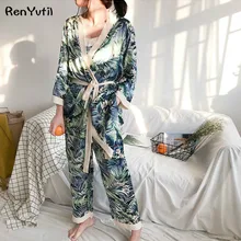 RenYvtil весна лето шелковые пижамы набор сексуальный лист костюм из трех частей женский камзол+ халат+ широкие штаны домашняя подиумная
