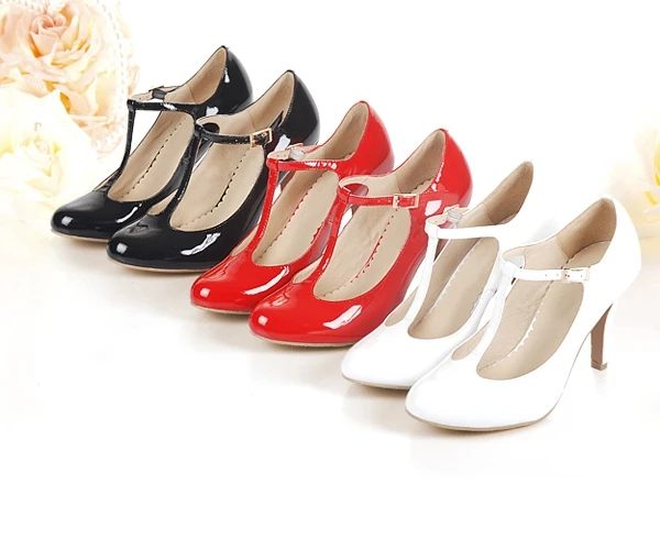 Женские пикантные туфли из натуральной лакированной кожи на тонком высоком каблуке с Т-образным ремешком и пряжкой, большие размеры(4-17) женские туфли-лодочки вечерние туфли