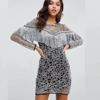 

2019 Sexy Long Sleeve Hollow Out Grey Tassels Fashion Dress Bodycon Night Out Party Vestidos Celebrity Patchwork Mesh Festa