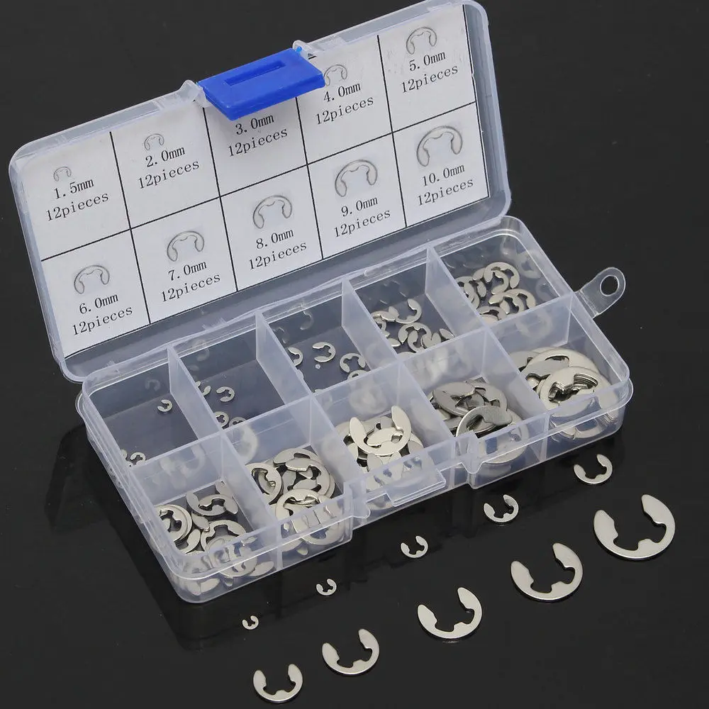 120pcs/lot 304 Stainless Steel E-Clip 1.5mm to 10mm Retaining Circlip Assortment Kit For Hardware Accessories