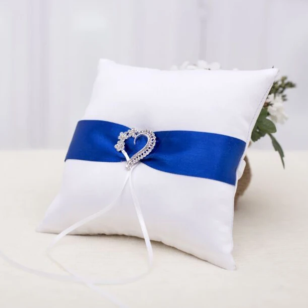 

Royal Blue Satin Handmade Love Heart Diamond Wedding Ring Pillow wedding Decorations N63