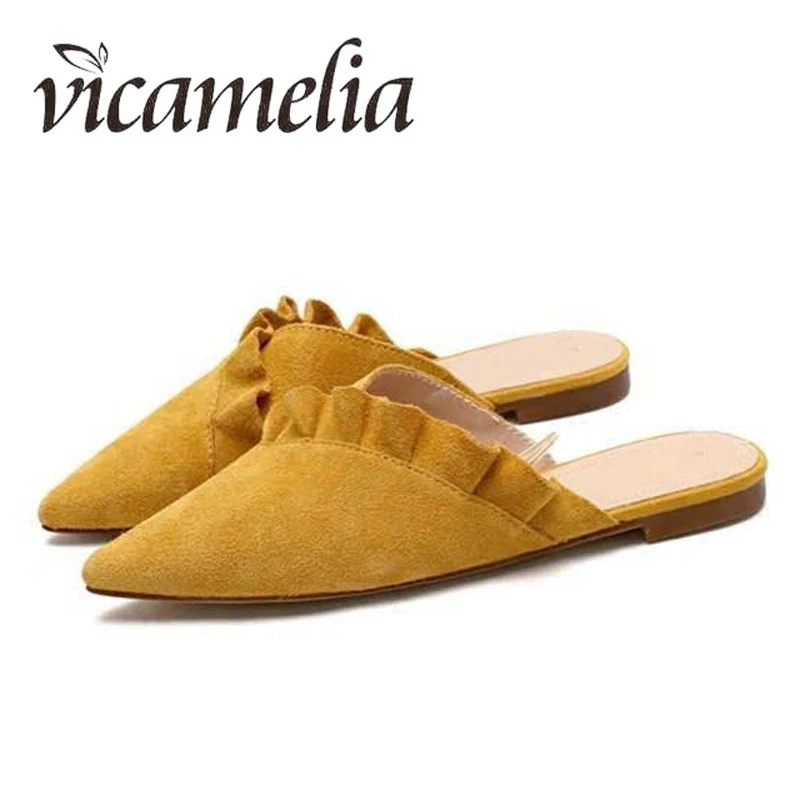 Vicamelia Woman Slippers Flat Women Flouncing Shoes Slip On Flat Mules Fashion Ruffles Ladies
