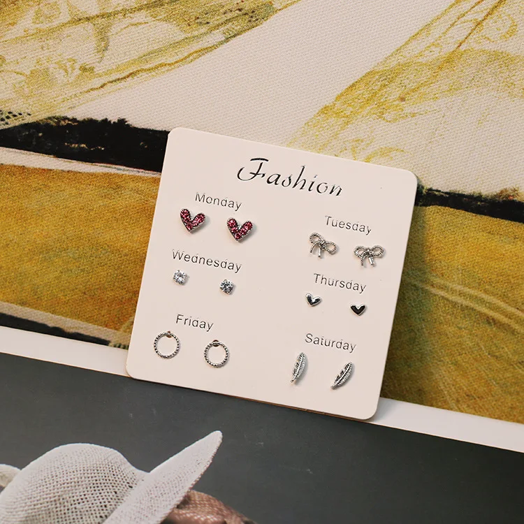 

Set Korean Fashion New Earrings Temperament Personality Cute Bow Love Feathers 6 Sets Of Small Girls Earrings Wholesale